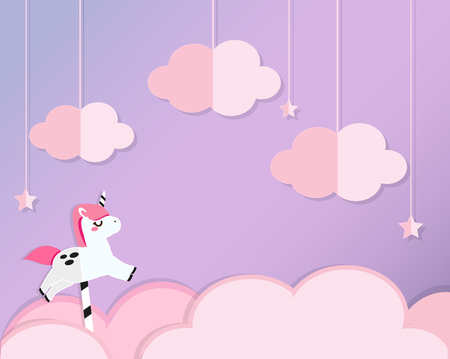 Unicorn on pink clouds in violet heaven. Background in paper cut, paper craft style. For kids and nursery design, banners, invitationsのイラスト素材