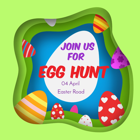 Egg hunt. Colorful Easter banner. Background in paper cut, paper craft style. Invitations for kids and children. Spring Seasonal greetings and otherのイラスト素材