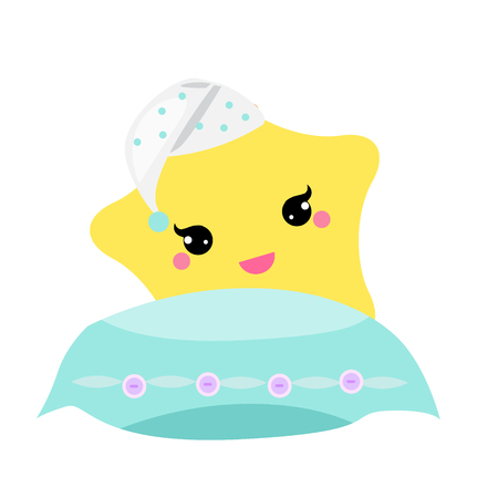 Cute baby star with pillow in hight hat. vector illustration for nursery design. Good night, sweet dreams concept.のイラスト素材