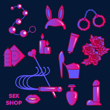 Sex shop icons. Erotic symbols. Adult games and toys stickersのイラスト素材