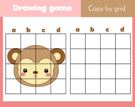 Grid copy game, complete the picture educational children game. Printable kids activity sheet with monkey face. Copy the picture.のイラスト素材