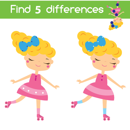Find the differences educational children game with answer. Kids activity sheet with roller skating girl.のイラスト素材