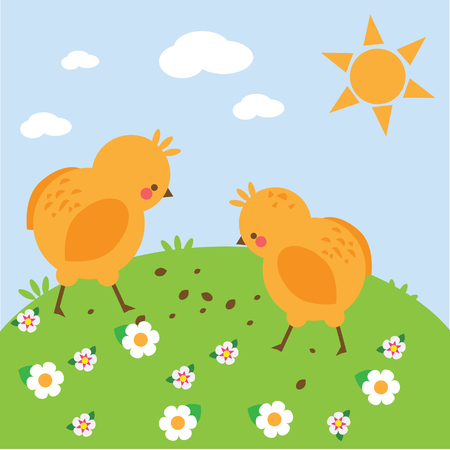 Chikens on meadow. Simple vector illustration for kids and toddlers. Farm animals themeのイラスト素材