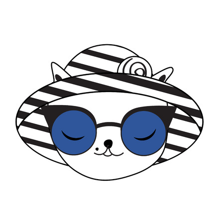 Cute cat in fashionable summer hat and sunglasses. Doodle, hand drawn style icon, pin, stickerのイラスト素材