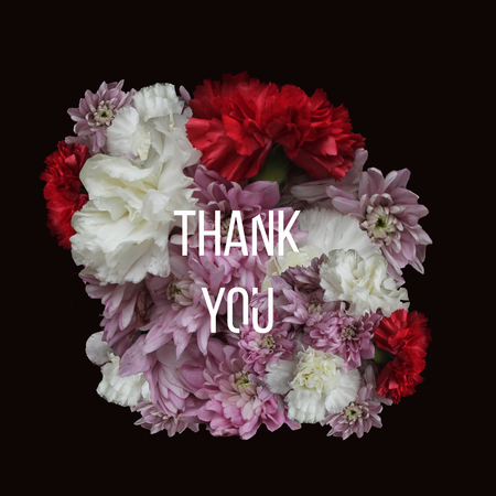 Floral typography. Flowers on dark background with text Thank you.の写真素材