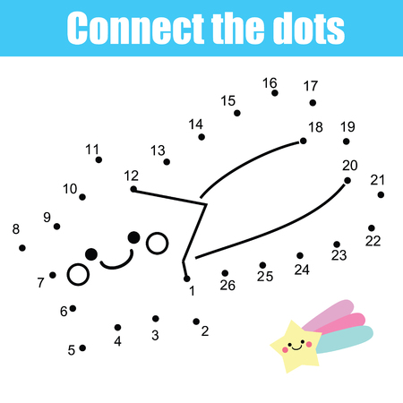 Connect the dots children educational drawing game. Dot to dot by numbers game for kids. Printable worksheet activity for toddlers with cute falling starのイラスト素材