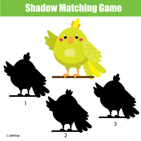 Shadow matching game for children. Find the right shadow for cartoon parrot. Activity for preschool kids and toddlersのイラスト素材