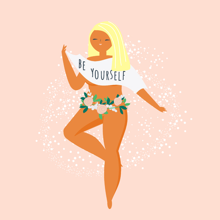 Female body positive concept illustration. Happy woman running with motivational ribbon Be yourselfのイラスト素材