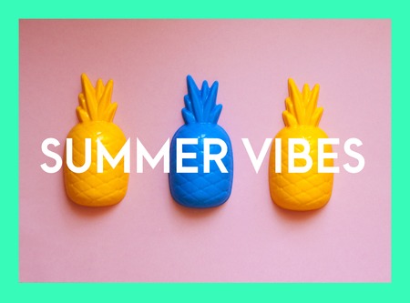 Three colorful pineapples on pink background with text summer vibes. Creative modern collage, summertime themeの写真素材