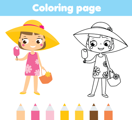 Summer holidays coloring page for kids. Cartoon girl in beach dress eating ice cream. Printable activity for children and toddlersのイラスト素材