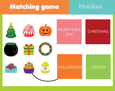 Educational children game. Matching game worksheet for kids. World holidays themeのイラスト素材