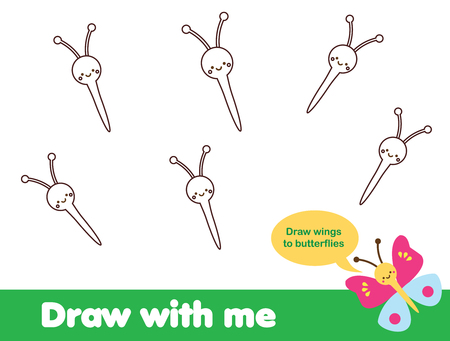 Educational game. Complete the picture for kids. Draw wings for butterfly. Printable worksheet for toddlersのイラスト素材