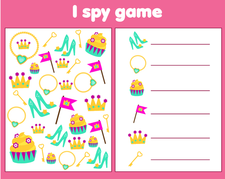 I spy game for toddlers. Find and count objects. Counting educational activity for children and kids. Princess and fairy tale theme.のイラスト素材