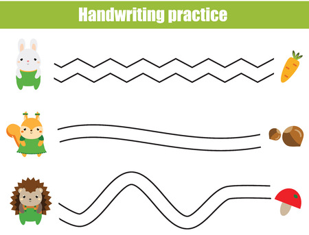 Handwriting practice sheet. Educational children game, printable worksheet for kids. Help animals find food.のイラスト素材