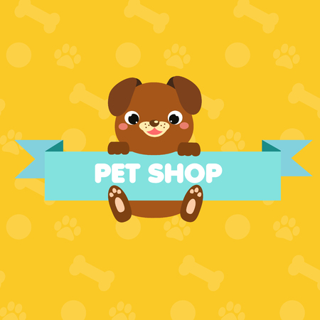 Pet shop banner with funny cartoon dog. Little puppy hanging on advertisement for animals store.のイラスト素材
