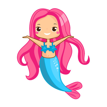 Cute mermaid with pink hair. Cartoon style fairy tale characterのイラスト素材