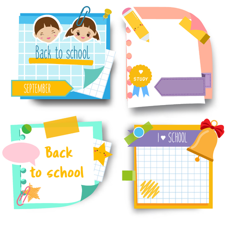 Back to school stickers. Design template of memory sticky notes for pupils and education themeのイラスト素材