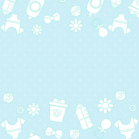 Frame background with baby care symbols. Blue and white colors border with toddlers and children accessoryのイラスト素材