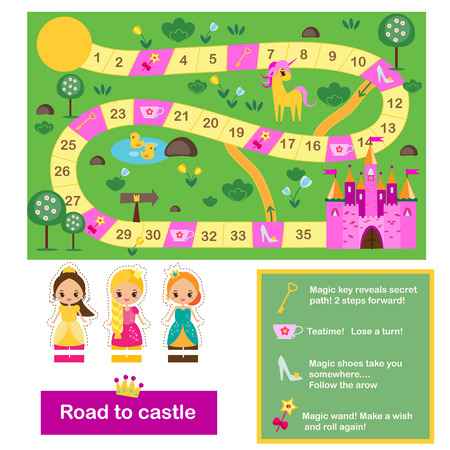 Board game for kids. Actvity for girls. Fairy tales theme, help princeess find way to castle. Printable map with figuresのイラスト素材