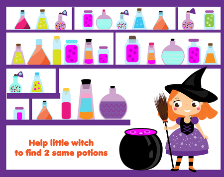 Find the the same pictures educational children game with answer. Halloween theme. Witch and potionsのイラスト素材