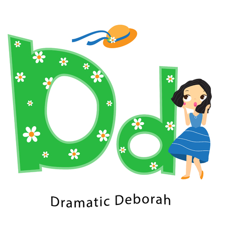Kids alphabet. English letters with cartoon children characters. D for Dramatic Deborah girl lost hat.のイラスト素材