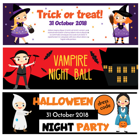 Halloween party banners. Invitations, advertisements with happy children having fun. Design templates for tickets, invitations, advertisementsのイラスト素材