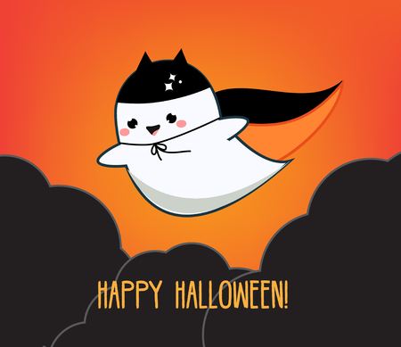 Happy halloween greeting card. Holiday banner with cute kawaii ghost flying in the night sky. Party invitation, backgroundのイラスト素材
