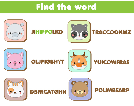 Educational game for children. Word search puzzle kids activity. Learning vocabulary animals theme for toddlersのイラスト素材