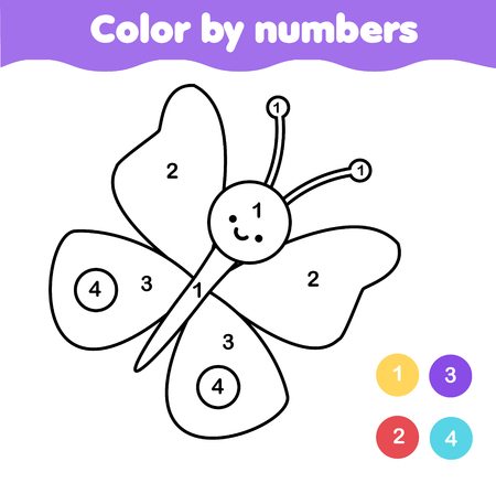 Children educational game. Coloring page with butterfly. Color by numbers, printable activity for toddlersのイラスト素材