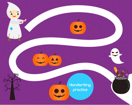 Halloween handwriting practice sheet. Educ ational children game, printable worksheet for kids. Help boy find candiesのイラスト素材