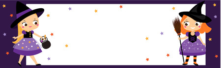 Halloween party banner with cute little witches girls. Design template for tickets, invitations, advertisementsのイラスト素材