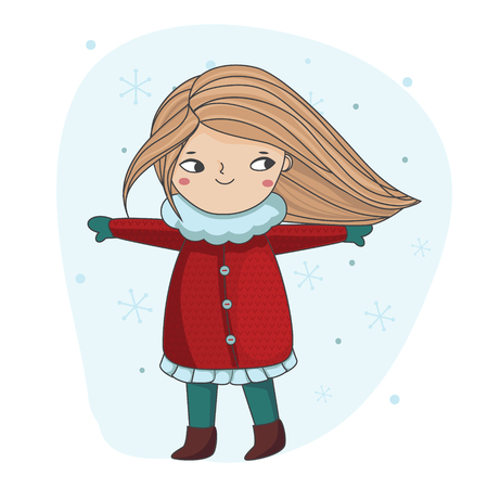 Cute winter girl enjoy snowfall. Vector character for seasonal cards and printsのイラスト素材