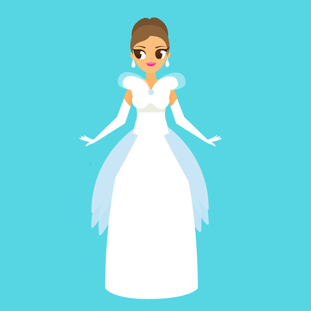 Cartoon female in fashionable white long gown dress. Bride, fiancee womenのイラスト素材