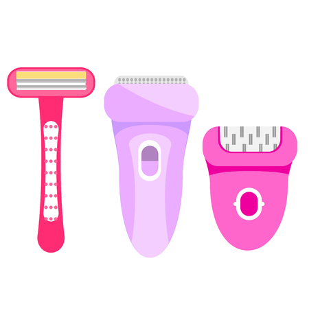 Epilation and hair removal tools for female. Epilators and razor. Women hygiene and beauty gadgets. Isolated iconsのイラスト素材