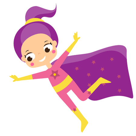 Superhero. Cartoon kid girl in fantasy comic costumeのイラスト素材