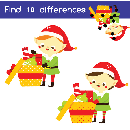 Find the differences. Children educational game. Kids activity with Santa elf helper. Christmas, New Year theme fun page for pre school kids and toddlersのイラスト素材