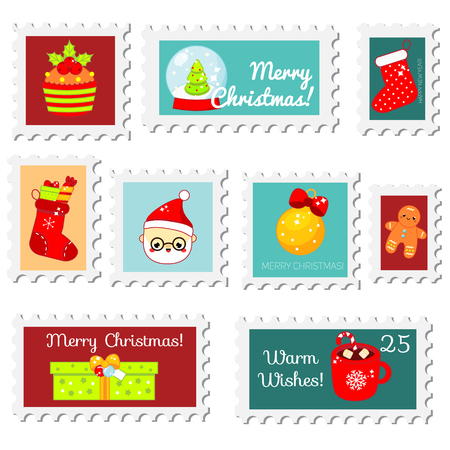 Chiristmas postal stamps. New year postage stamps with cute seasonal symbols Santa, socks, gifts and other. Vector collection for winter holidays design, scrapbook and otherのイラスト素材