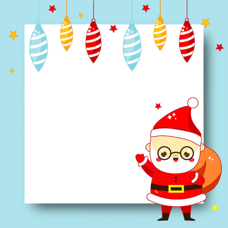Decorated Christmas frame. New Year blank background with Cute cartoon Santa Claus and baubles. Template for invitations, advertisements, greeting cards and winter holidays designのイラスト素材