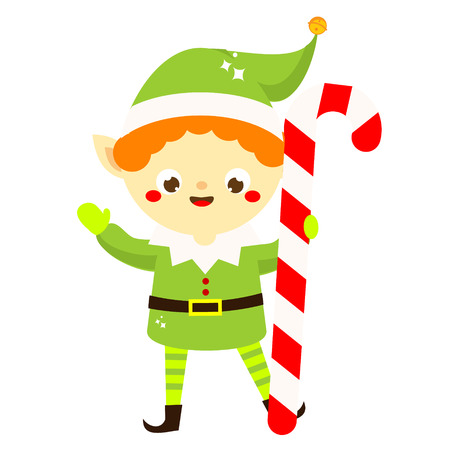 Christmas elf. Cute Santa's helper holding big candy cane. Isolated cartoon character for new Year greeting designのイラスト素材