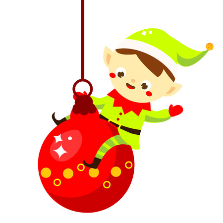 Christmas elf. Cute Santa's helper sitting on bauble. Isolated cartoon character for new Year greeting designのイラスト素材