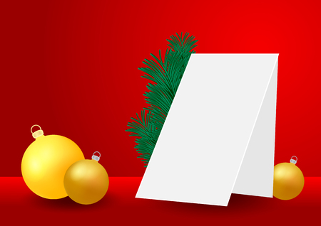 Christmas and New year background with golden baubles, spruce and blank paper card. Mock up for advertisements, winter seasonal design. Realistic style design templateのイラスト素材