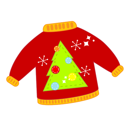 Red Christmas ugly sweater with spruce tree. Isolated clip art, iconのイラスト素材