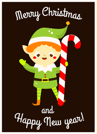 Christmas elf. Cute Santa's hold candy cane. Seasonal greeting card design in vintage style for New year holidays.のイラスト素材