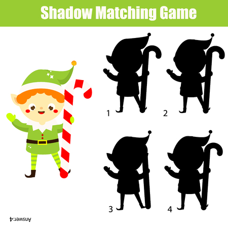 Shadow matching game for children. Find the right shadow for Christmas elf. New year theme activity for kidsのイラスト素材
