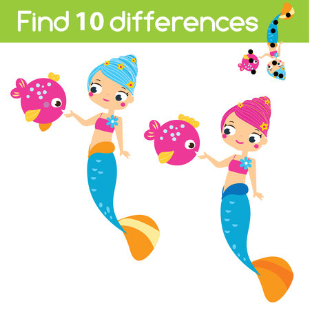 Find the differences educational children game with answer. Kids activity sheet with cute mermaid princessのイラスト素材