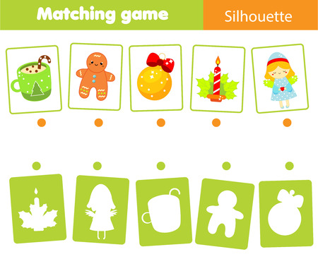 Matching game. Match Christmas objects with silhouette. Educational kids activity. New year theme fun page for toddlers.のイラスト素材