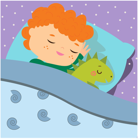 Cute boy sleeping with dino toy. Cartoon kid in bed having sweet dreams. Baby bedtimeのイラスト素材