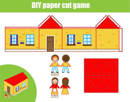Cut and glue paper game. Educational children DIY craft worksheet. make house modelのイラスト素材