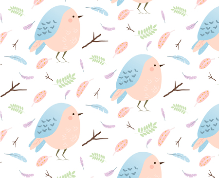 Pattern with cute birds and feathers. Soft background for natural, springtime seasonal design. Forest and nature themeのイラスト素材
