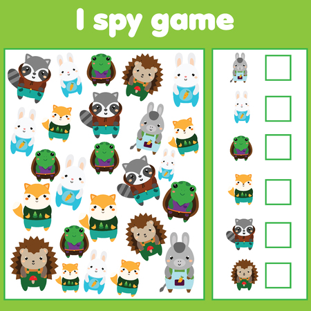 I spy game for toddlers. Find and count objects. Counting educational activity for children and kids. Cute animalsのイラスト素材